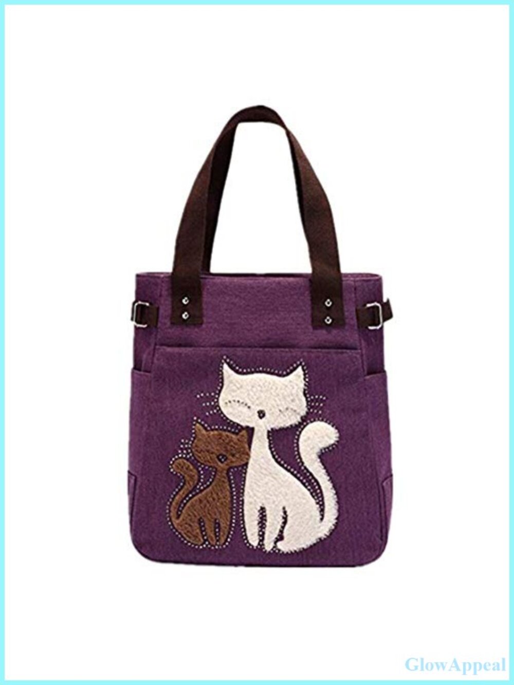 Canvas Tote Handbag Cute Cat Embroidery Shoulder Purse Large Zipper Work Travel